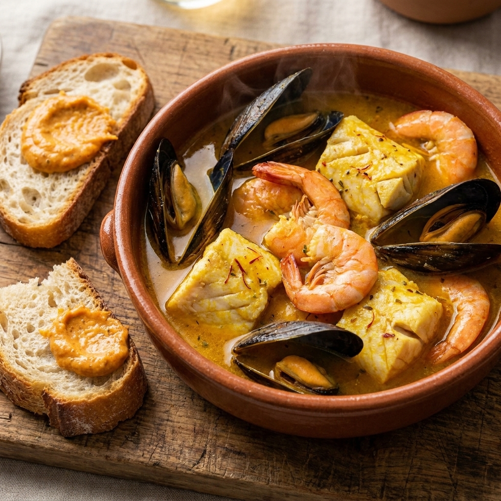 A rustic bowl of bouillabaisse with mussels, shrimp, and firm fish pieces in a golden aromatic broth, served with crusty bread on the side