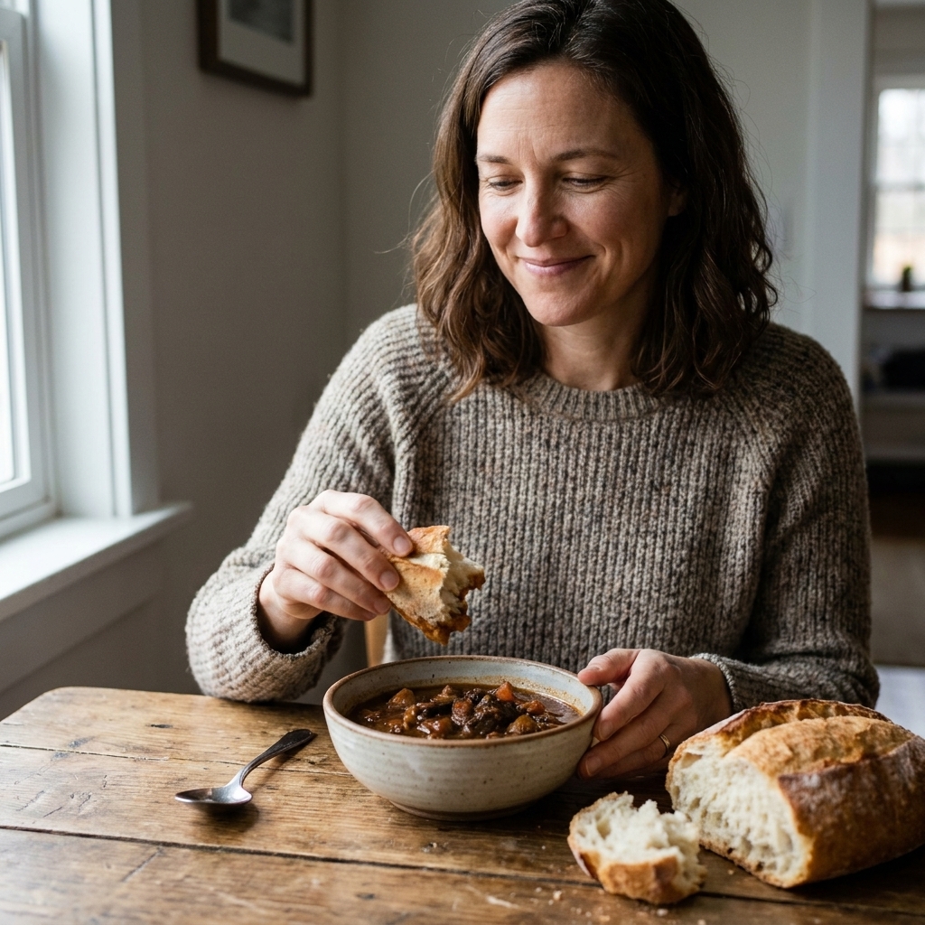A rustic bowl of dark, hearty stew on a wooden table next to a torn loaf of crusty bread, ready for dipping