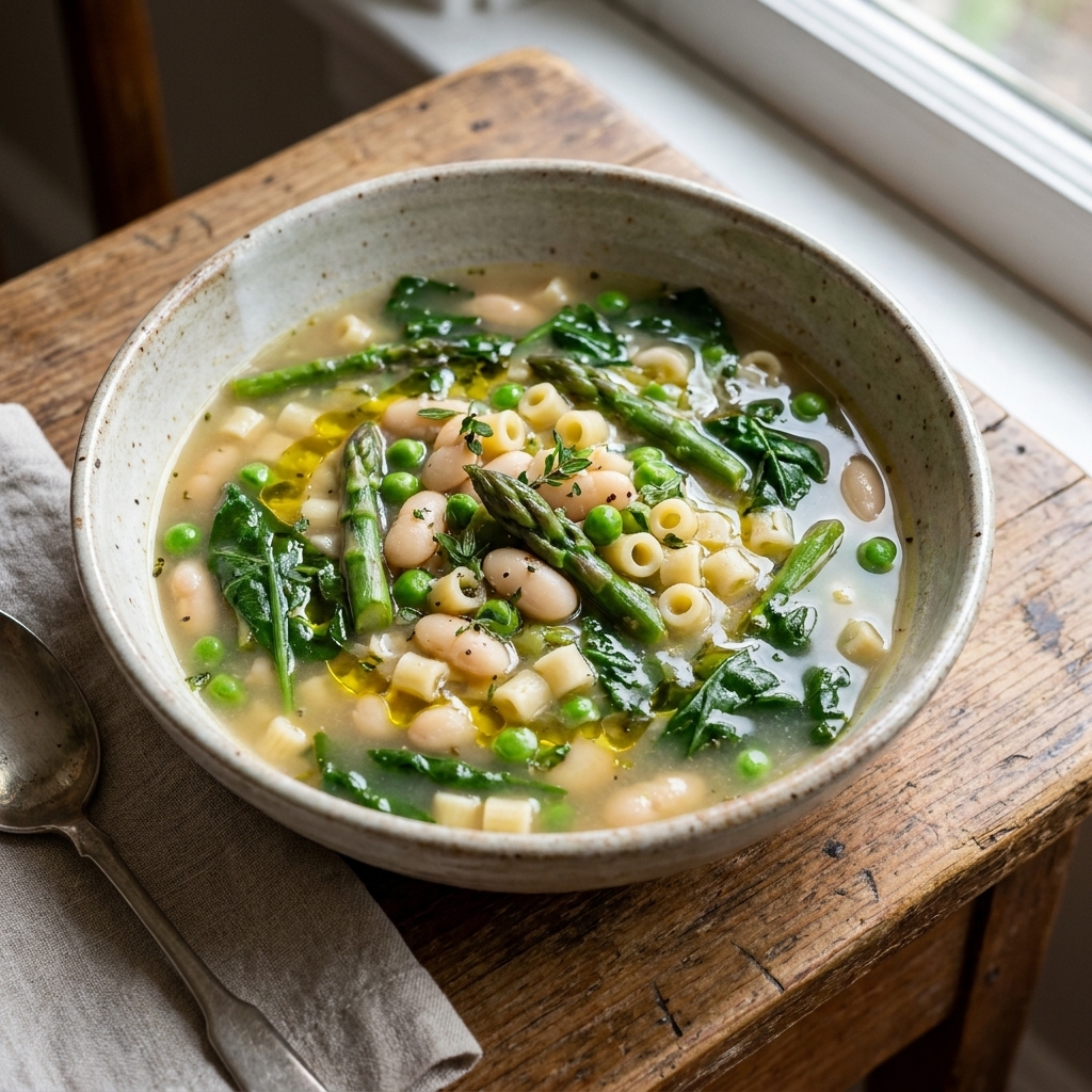 A rustic bowl of spring minestrone with white beans, asparagus, peas, small pasta, and wilted greens in a light broth
