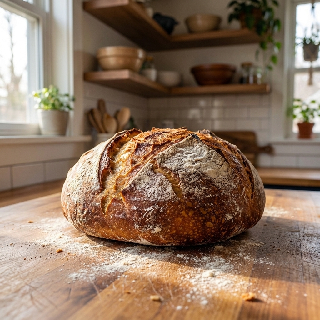 A rustic crusty loaf of bread resting on a wooden counter, with flour dust and warm ambient light