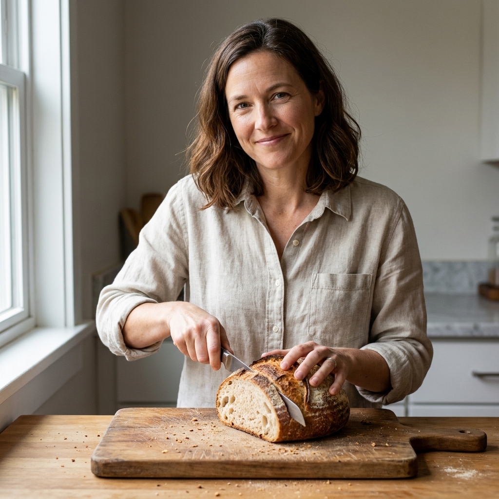 A rustic crusty loaf of bread sliced on a wooden cutting board with a few crumbs scattered around