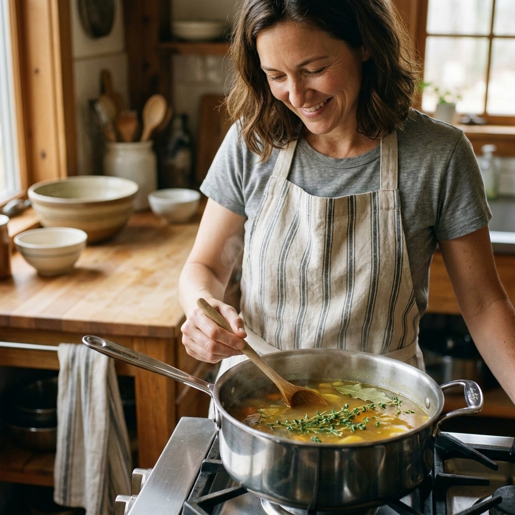 A saucepan of simmering vegetable broth with thyme sprigs and a bay leaf floating on top on a stovetop