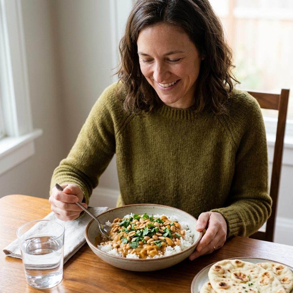 A serving bowl of vegan peanut stew ladled over fluffy white rice, topped with chopped cilantro and toasted peanuts on a dining table