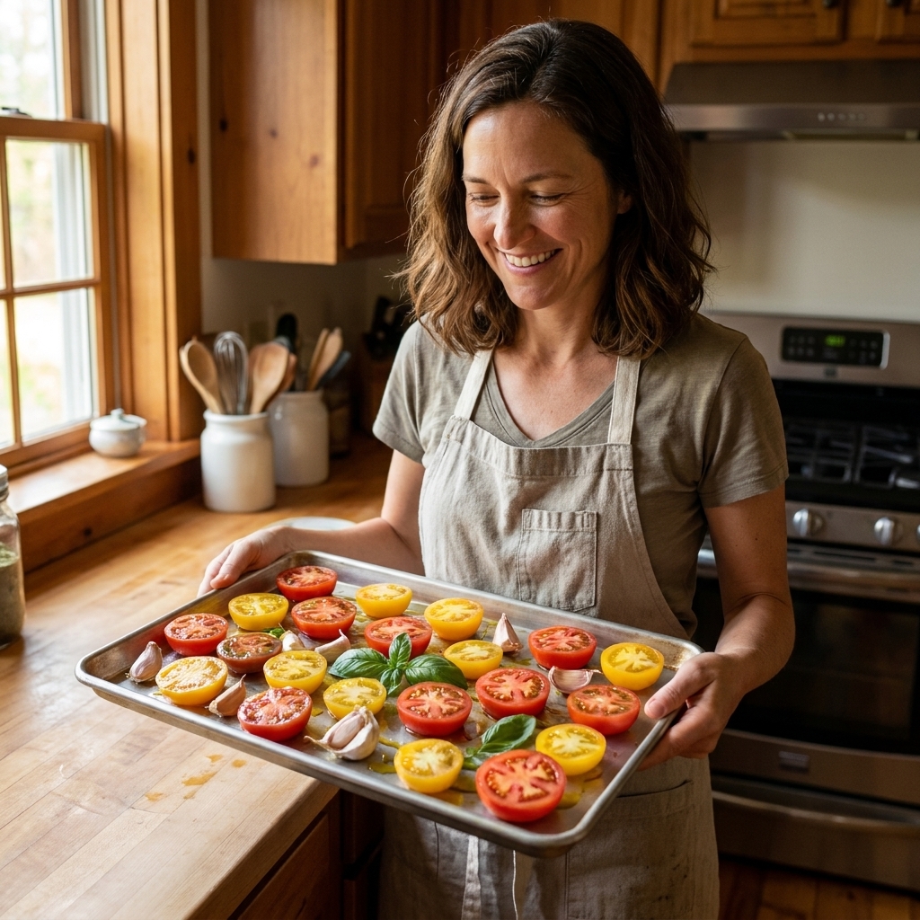A sheet pan filled with halved garden tomatoes, garlic cloves, and fresh basil leaves ready to roast in a home kitchen