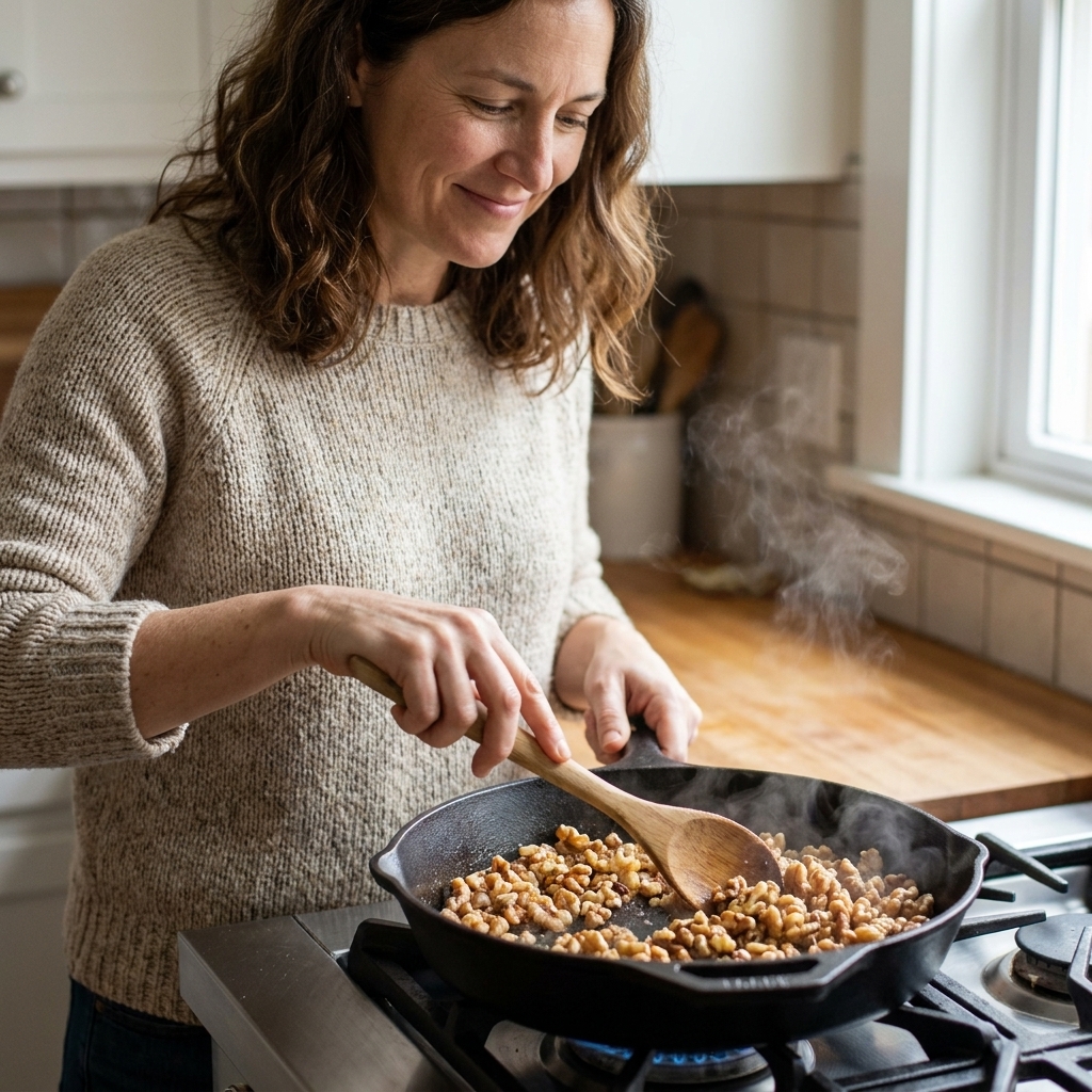 A skillet on the stove with chopped walnuts toasting while a wooden spoon stirs them as they turn golden