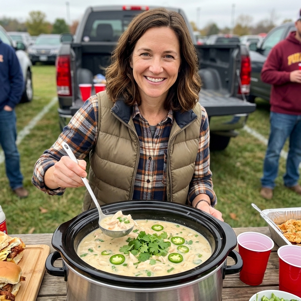 A slow cooker filled with creamy white chicken chili topped with cilantro and sliced jalapeños, sitting on a tailgate table