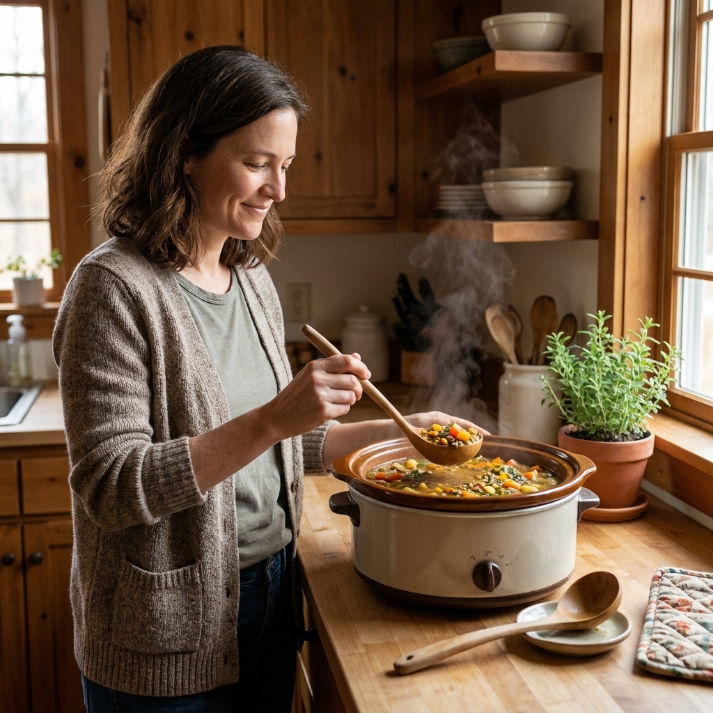 A slow cooker filled with hearty soup on a kitchen counter with a ladle beside it, cozy home kitchen scene