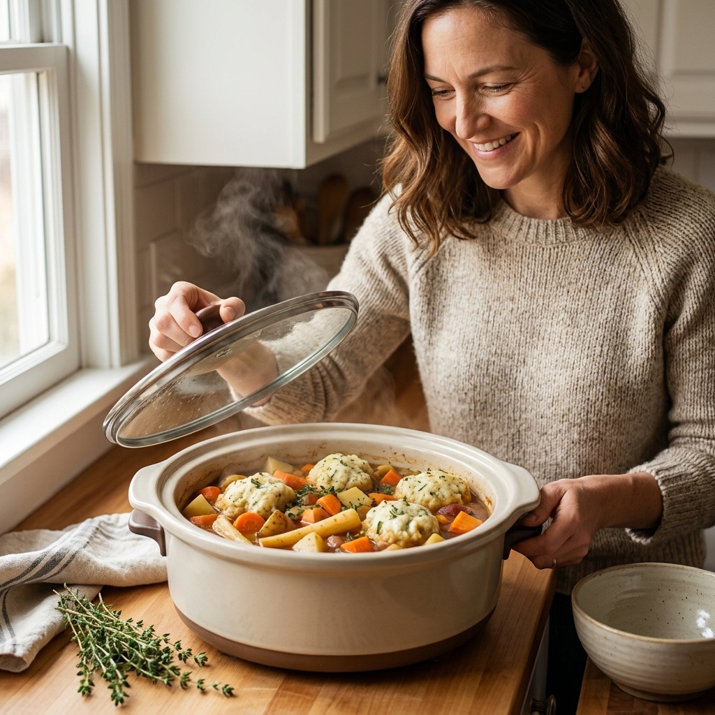A slow cooker insert filled with root vegetable stew topped with fluffy herb dumplings, photographed on a kitchen counter