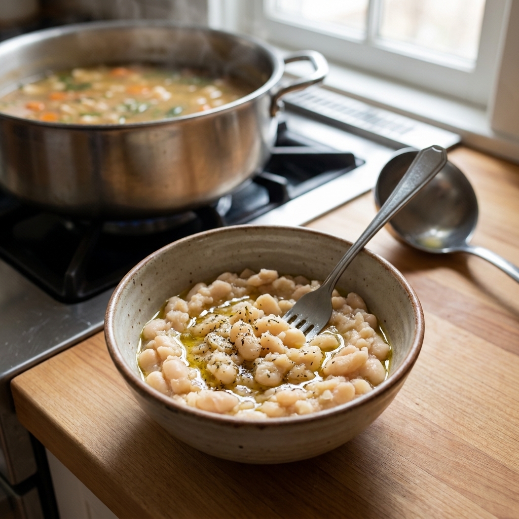 A small bowl of mashed white beans with a fork resting inside, ready to be stirred into soup