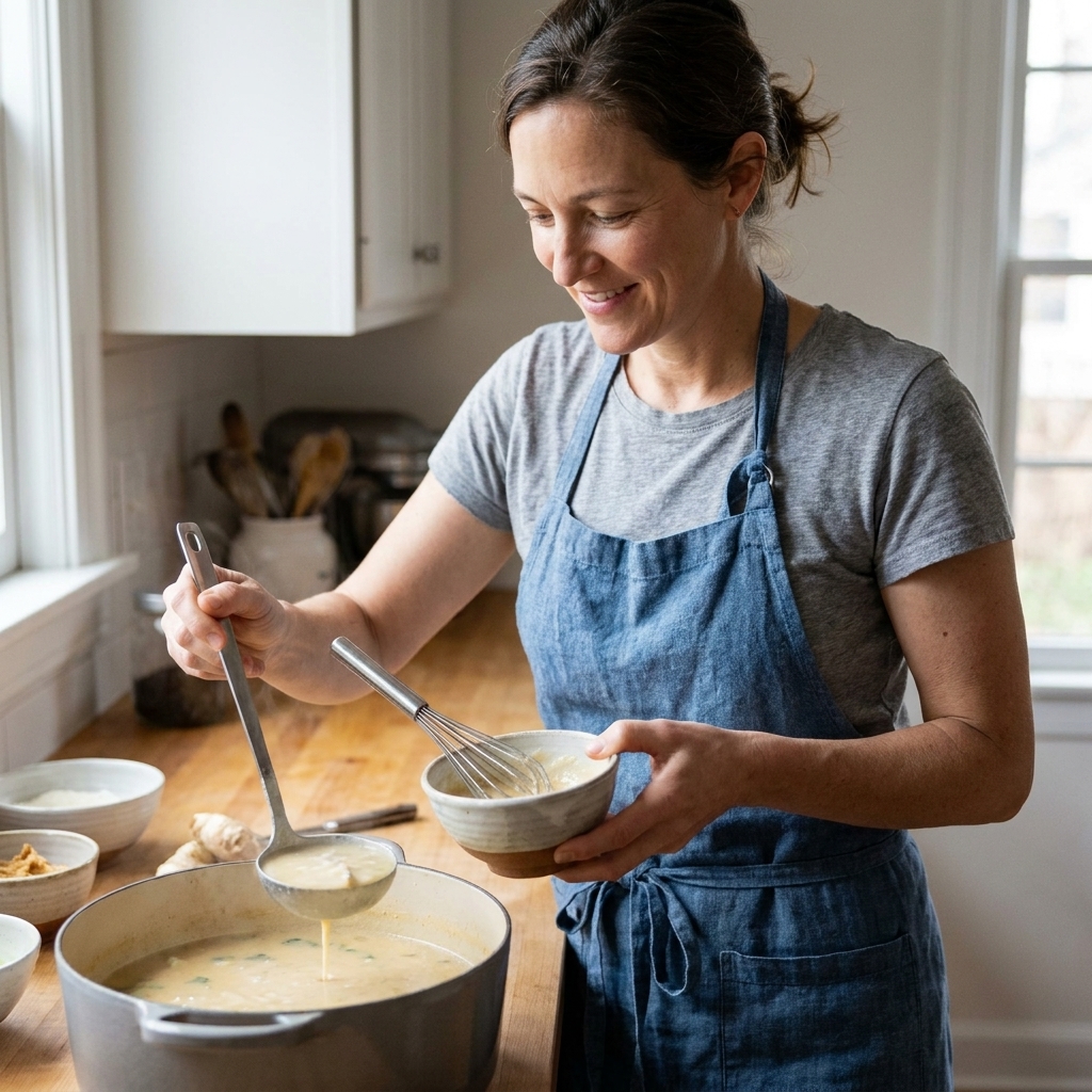 A small bowl of white miso being whisked into a ladle of hot creamy soup on a kitchen counter, showing a smooth miso mixture ready to stir into the pot