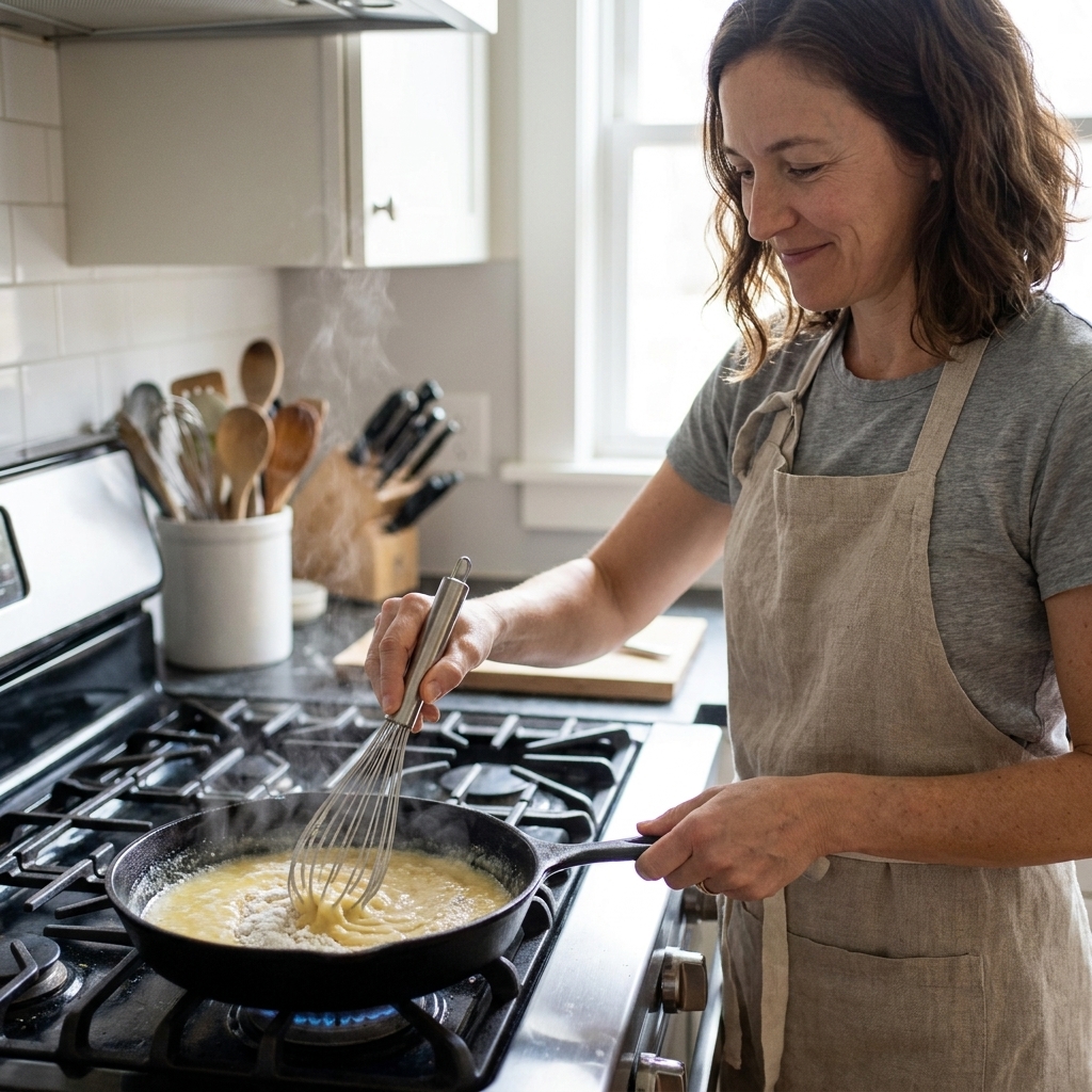 A small skillet on a stovetop with butter and flour being whisked into a pale roux