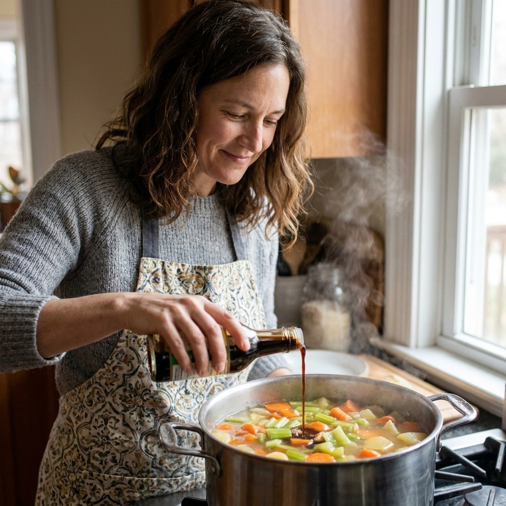 A small stream of soy sauce being poured into a simmering pot of soup with diced vegetables, shot in a cozy home kitchen