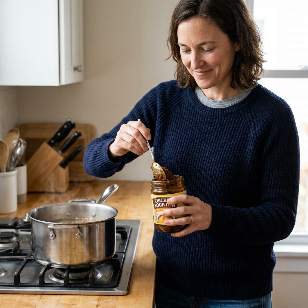A spoon scooping thick bouillon paste from an open glass jar on a kitchen counter beside a pot on the stove