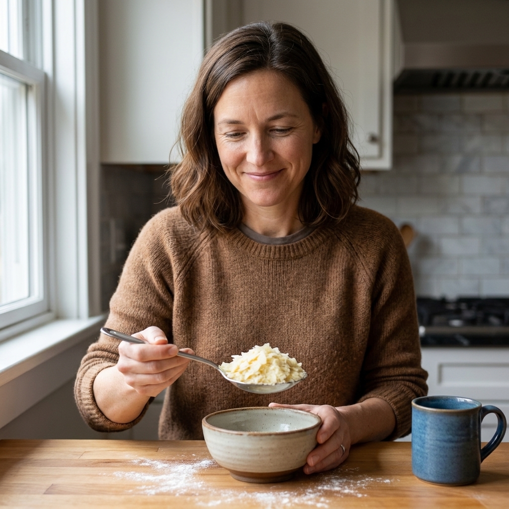 A spoonful of potato flakes held above a small bowl on a kitchen counter
