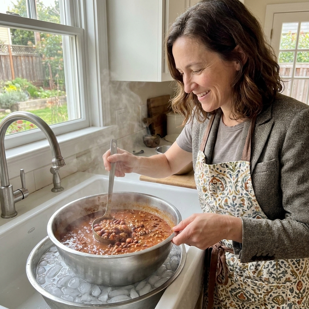 A stainless steel bowl of chili sitting in an ice water bath in a kitchen sink, being stirred with a ladle to cool quickly
