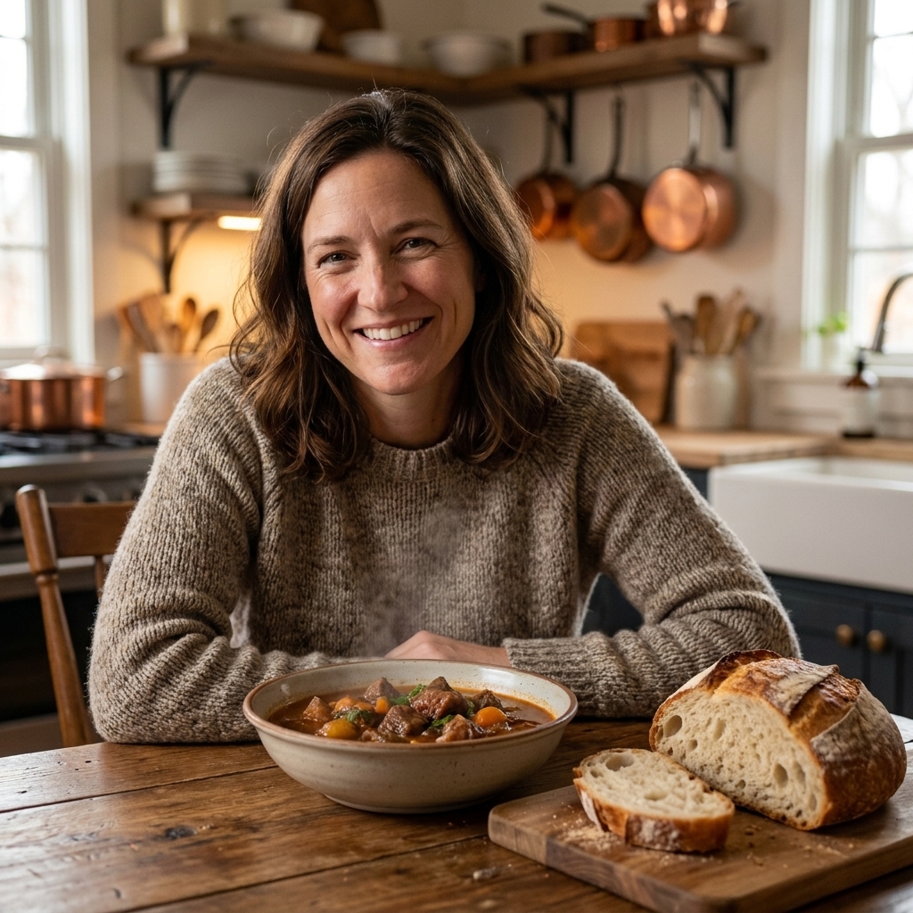 A steaming bowl of beef stew on a wooden table with a torn loaf of crusty bread beside it, cozy kitchen lighting