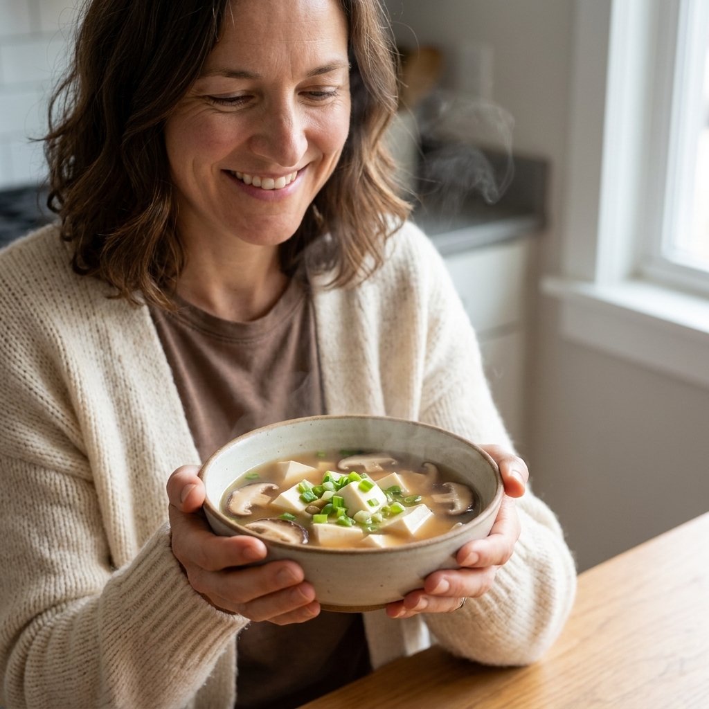 A steaming bowl of brothy vegan stew with soft cubes of silken tofu, mushrooms, and scallions floating in a light miso-ginger broth