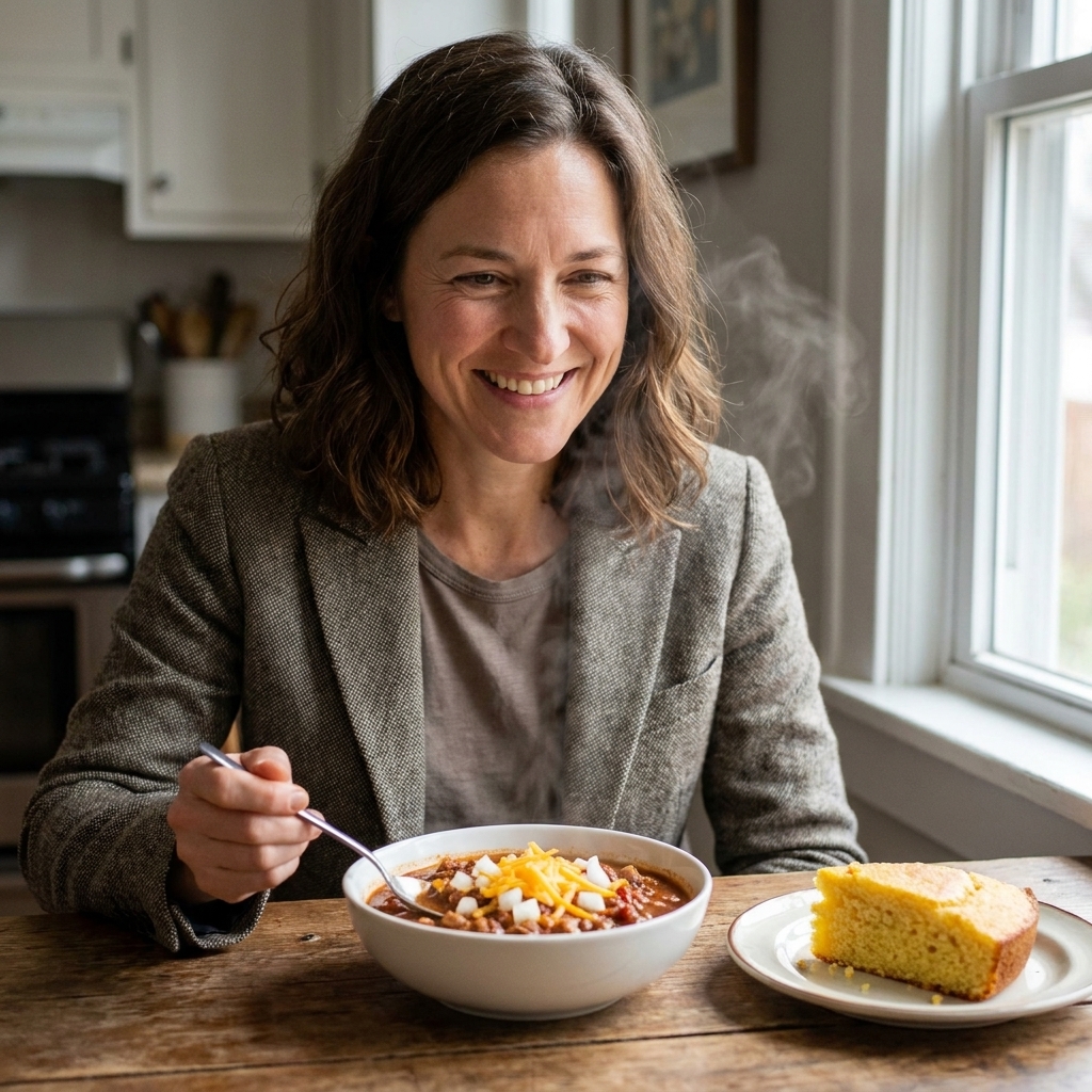 A steaming bowl of chili topped with diced onion and shredded cheddar, set beside a wedge of cornbread on a rustic wooden table