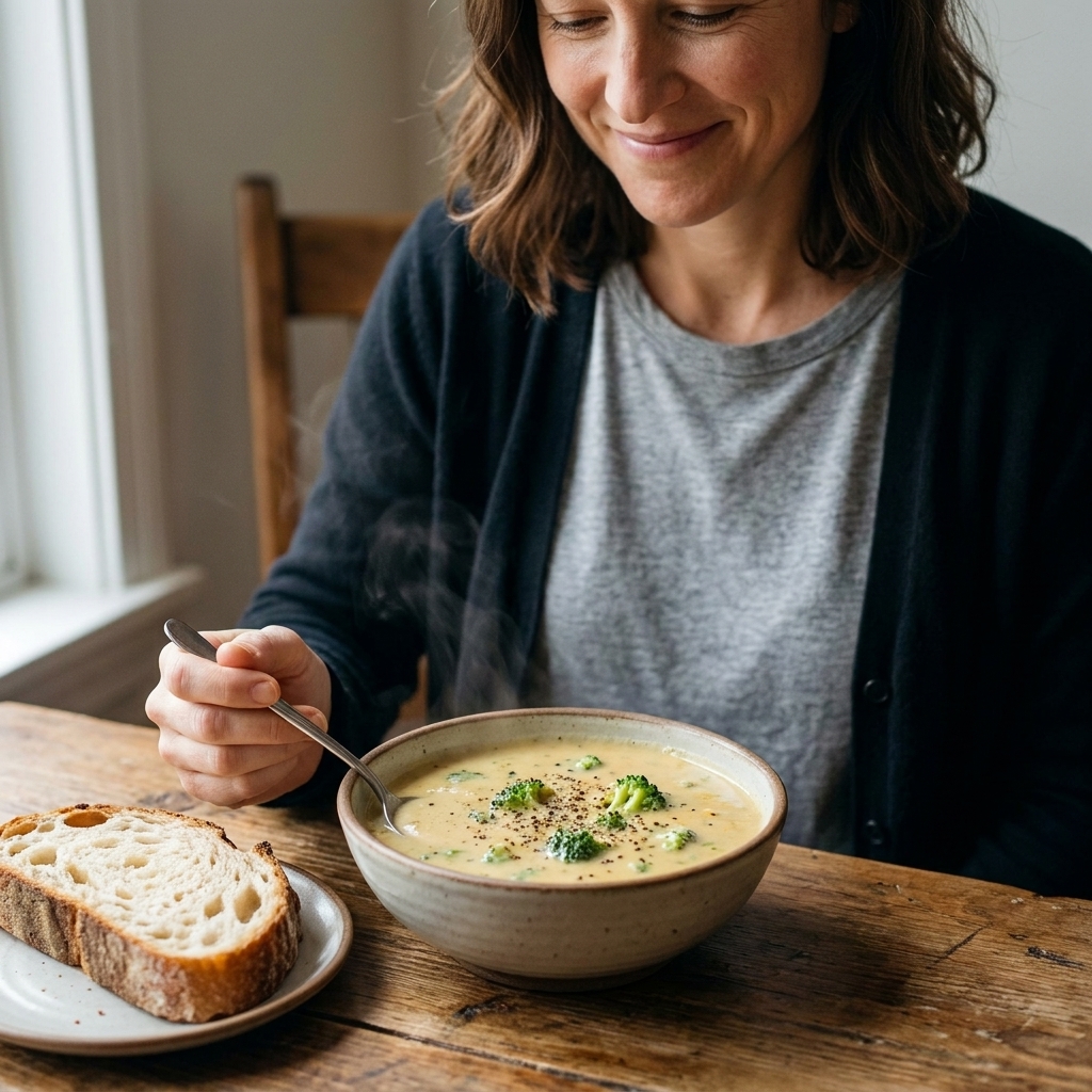 A steaming bowl of creamy vegan broccoli cheddar-style soup with visible broccoli florets, topped with cracked black pepper, sitting next to a slice of crusty bread