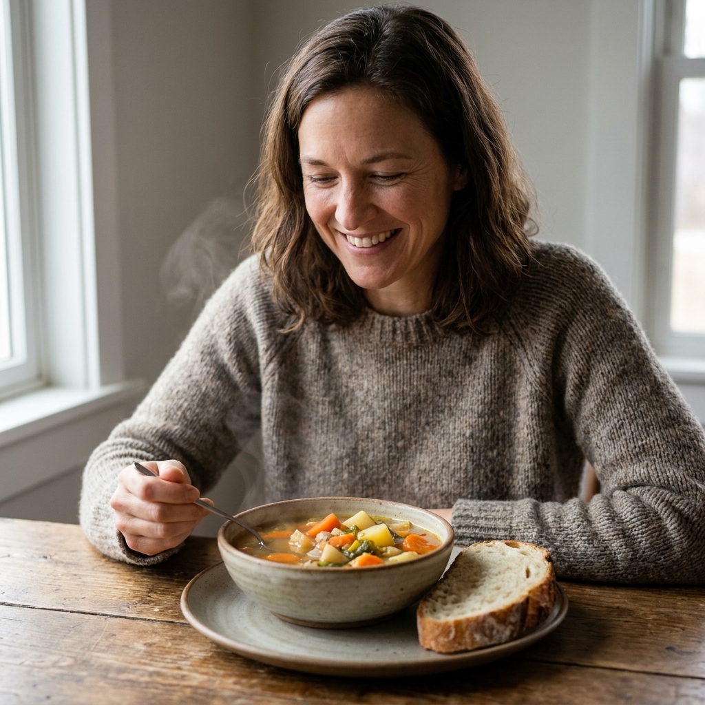 A steaming bowl of hearty vegetable soup with chunky carrots and potatoes, served beside a piece of crusty bread on a wooden table
