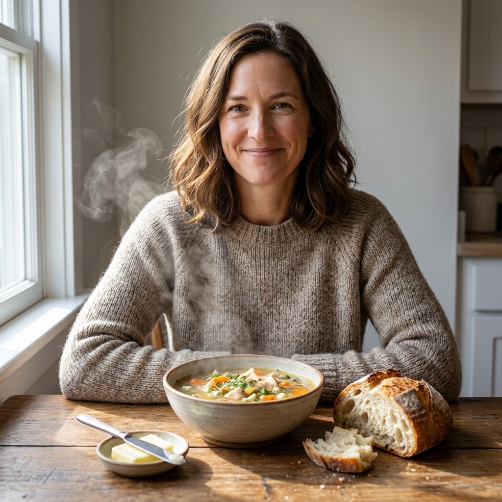 A steaming bowl of homemade turkey soup on a wooden table beside a torn piece of crusty bread and a small dish of butter