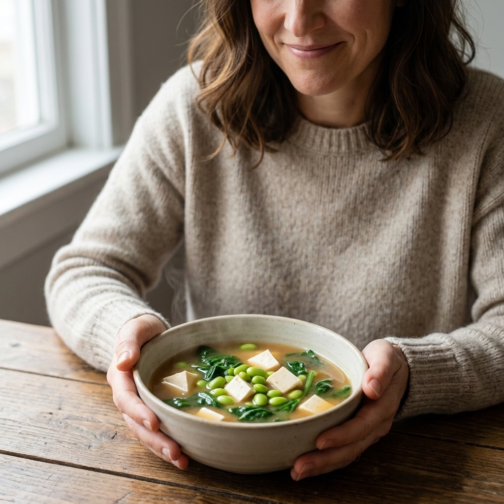 A steaming bowl of miso soup with silky tofu, bright green edamame, and wilted spinach in a simple ceramic bowl