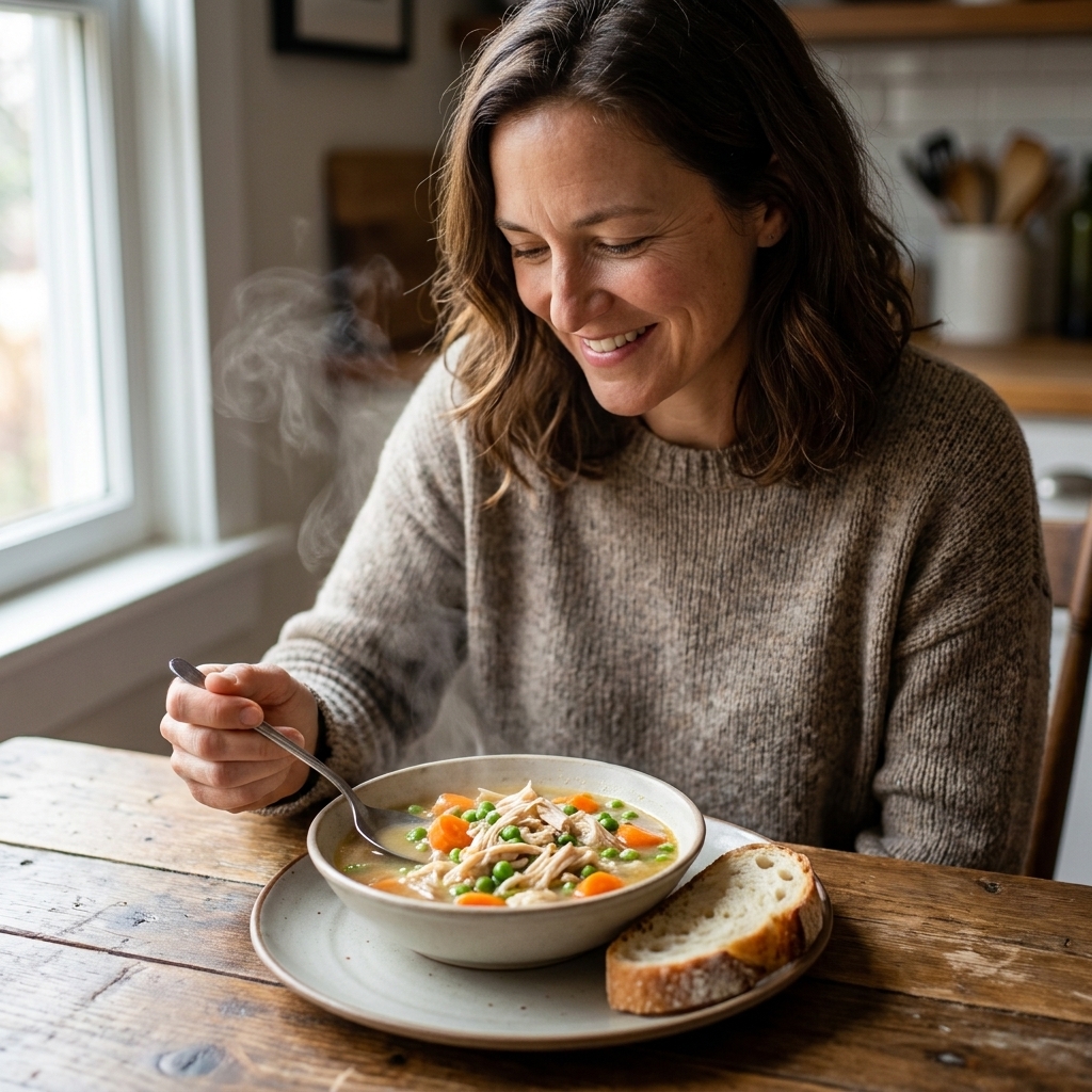 A steaming bowl of quick leftover roast chicken stew with carrots and peas, served with crusty bread on a wooden table