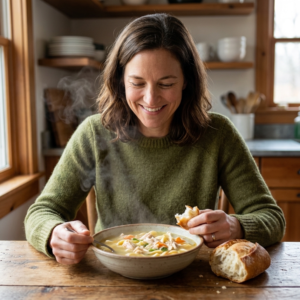 A steaming bowl of simple chicken noodle soup on a wooden table with a torn piece of crusty bread beside it