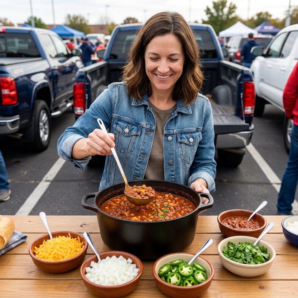 A tailgate table with a pot of chili and small bowls of toppings like shredded cheddar, diced onions, sliced jalapeños, and cilantro, with serving spoons