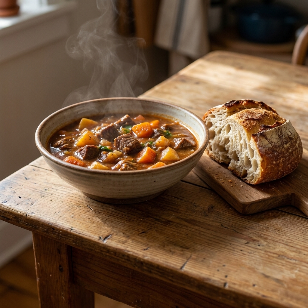 A thick bowl of stew on a wooden table with a torn piece of rustic crusty bread beside it