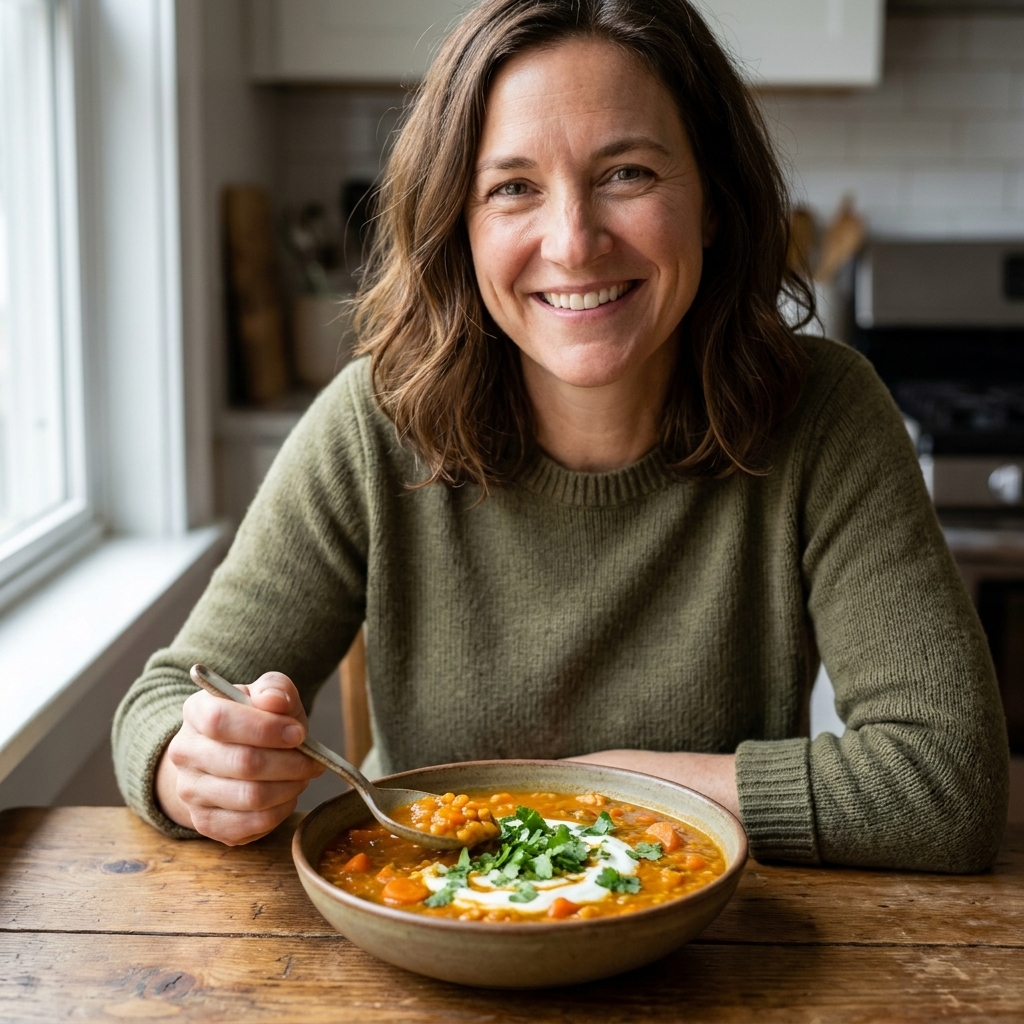 A thick carrot and red lentil stew with a swirl of yogurt and chopped cilantro in a wide bowl