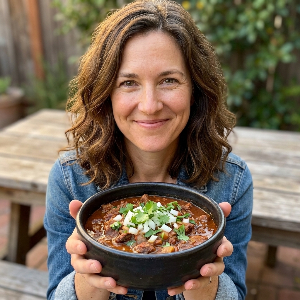 A thick, dark bowl of Texas-style chili with tender beef chunks, garnished with chopped onions and cilantro