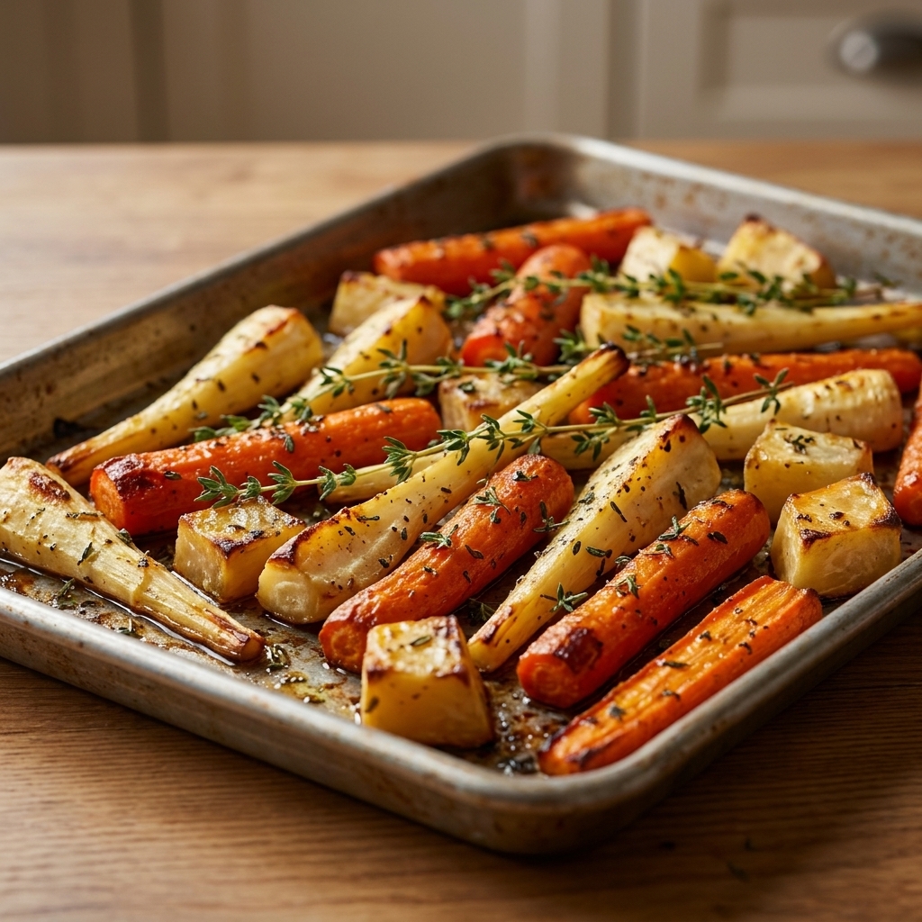 A tray of roasted carrots, parsnips, and rutabaga with browned edges and scattered thyme sprigs