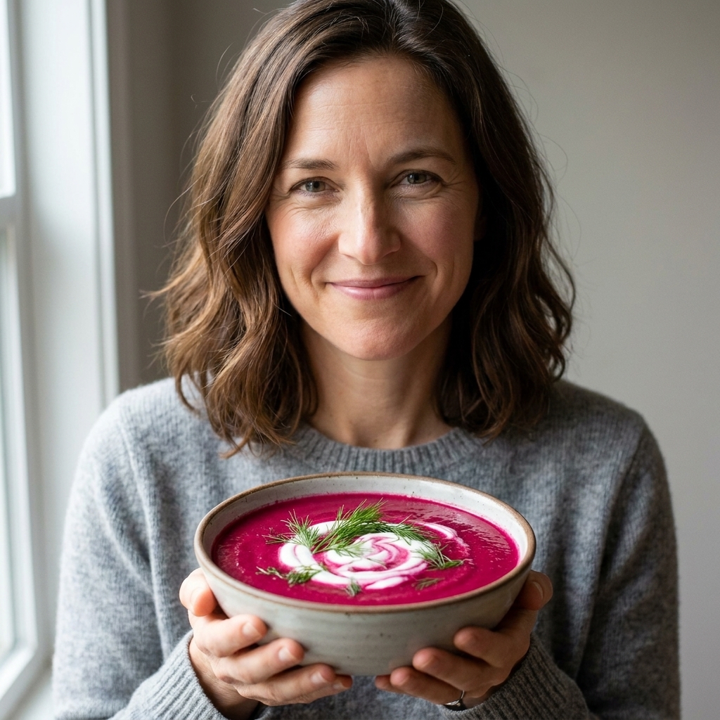 A vibrant magenta chilled beet soup in a bowl with a yogurt swirl and fresh dill on top