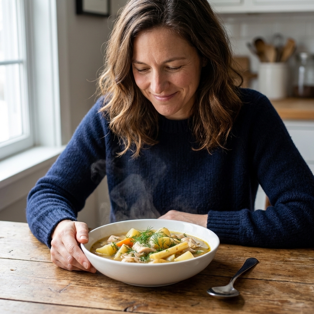 A wintery chicken stew with potatoes and parsnips, garnished with fresh dill, in a white bowl beside a spoon
