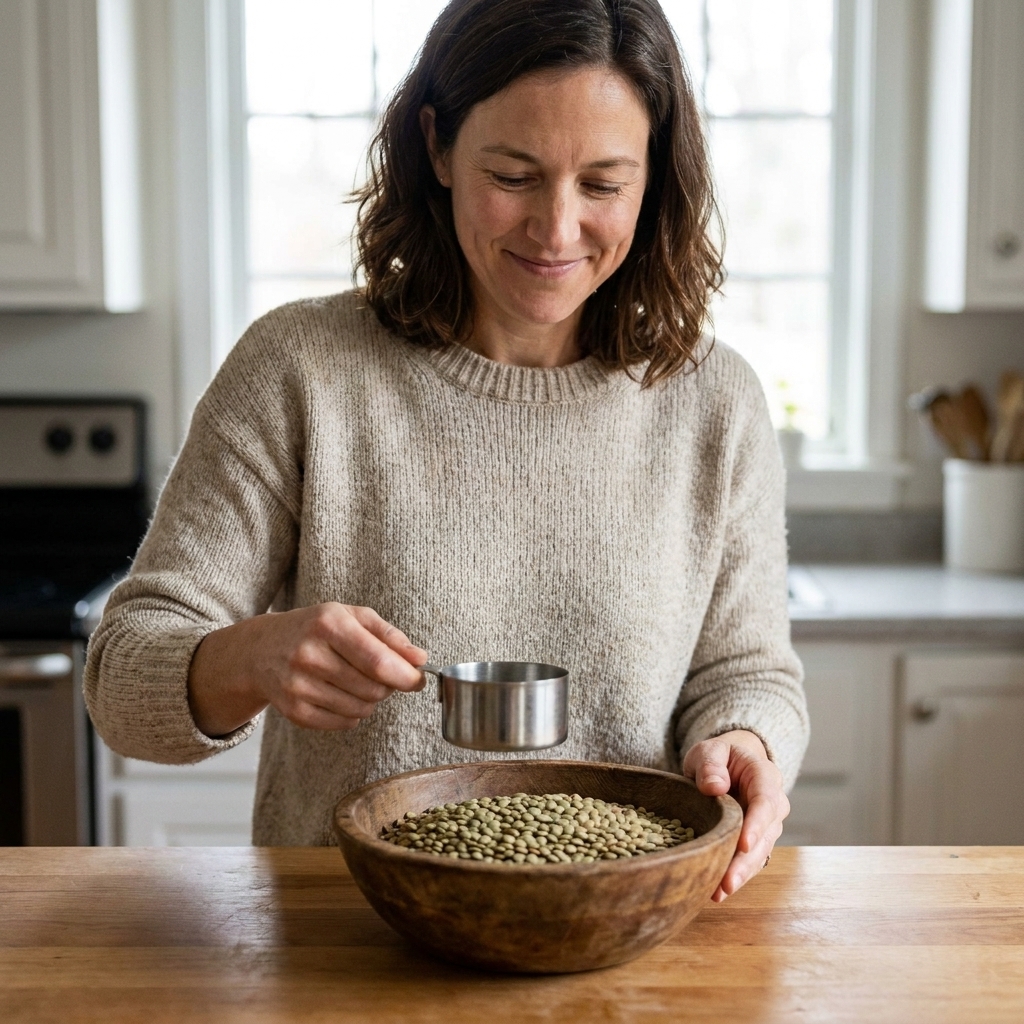 A wooden bowl filled with dry green lentils on a kitchen counter, with a measuring cup nearby