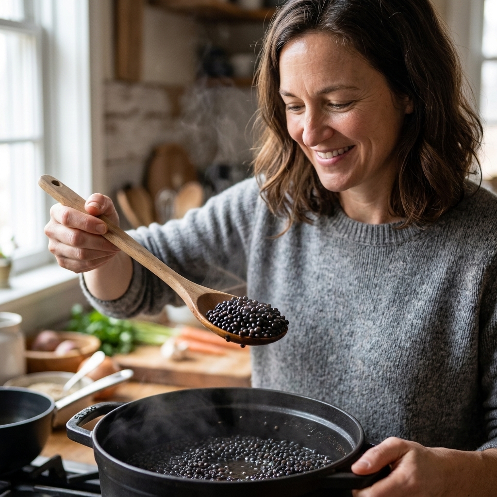 A wooden spoon lifting cooked black Beluga lentils from a pot, showing the lentils staying whole and glossy