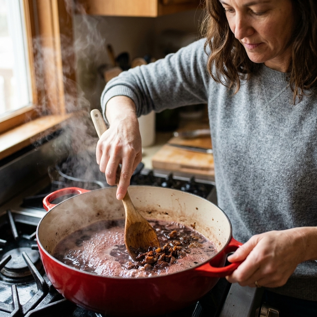 A wooden spoon scraping browned bits from the bottom of a Dutch oven as red wine bubbles and loosens the fond