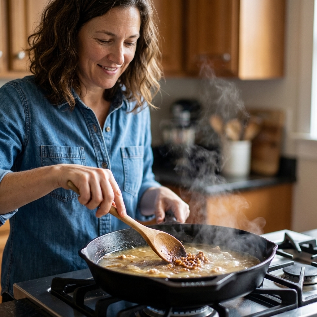 A wooden spoon scraping browned fond as broth bubbles in a skillet during deglazing