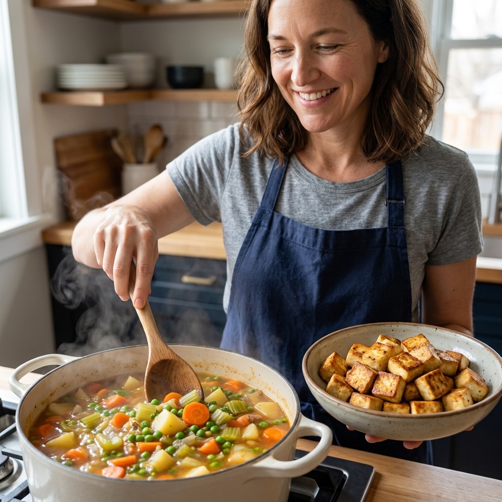 A wooden spoon stirring a pot of vegetable stew beside a bowl of golden pan-seared tofu cubes ready to be added