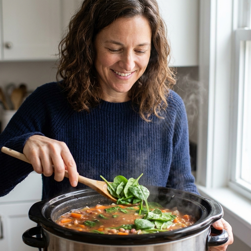 A wooden spoon stirring fresh baby spinach into a hot slow cooker soup with visible carrots and beans