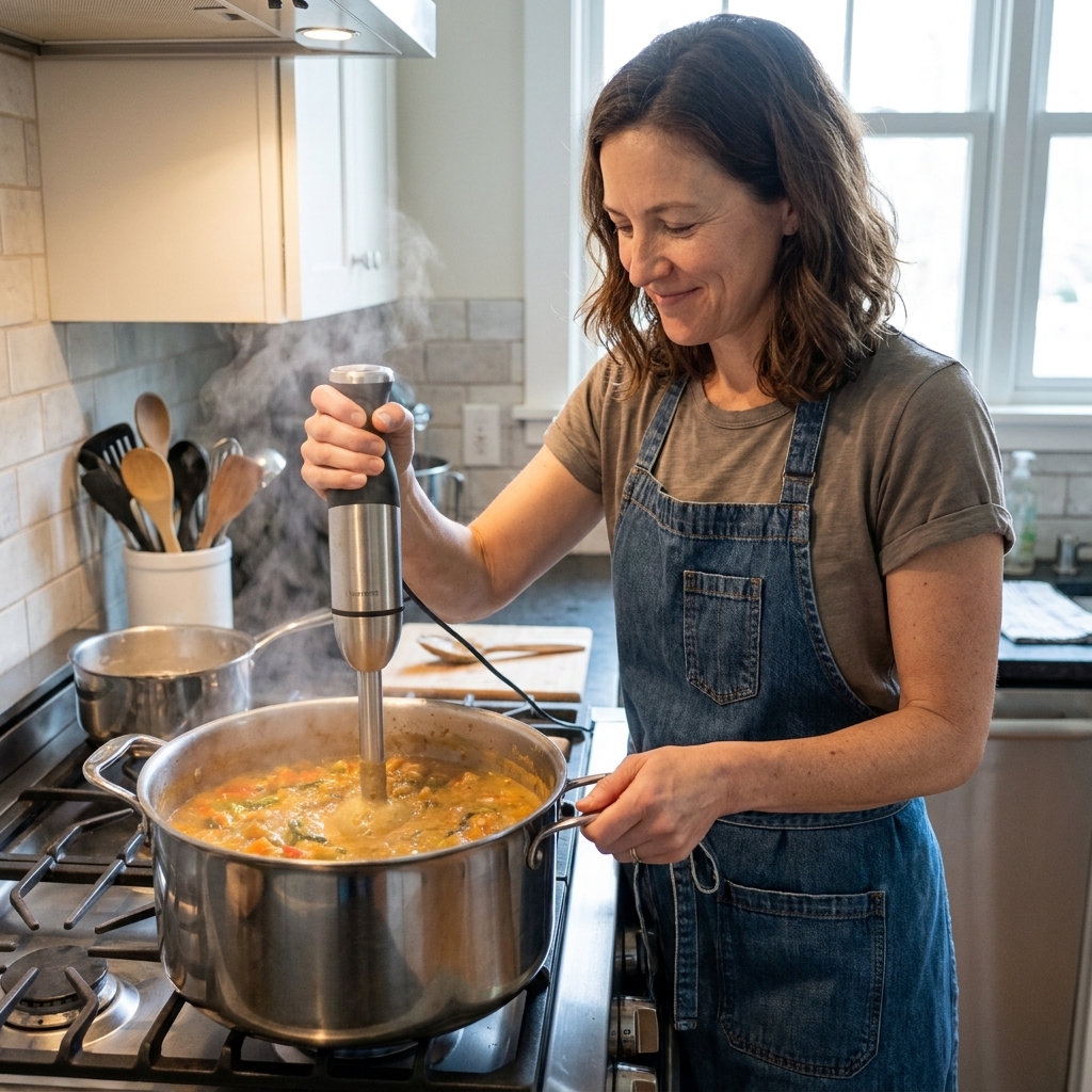 An immersion blender pureeing a portion of vegetable stew directly in a pot on the stove, with visible steam rising as the mixture turns creamy
