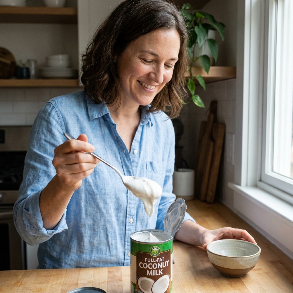 An open can of full-fat coconut milk with a spoon scooping thick coconut cream on a kitchen counter