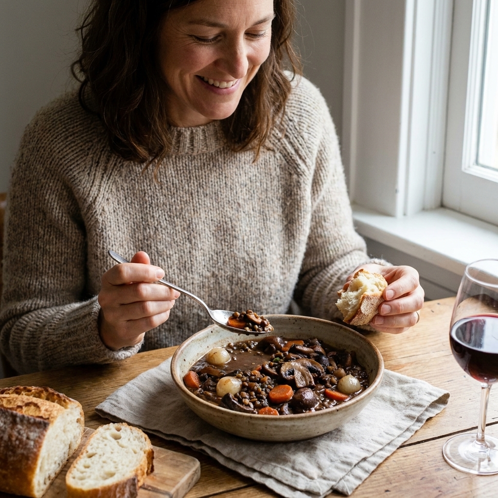 Bowl of mushroom and lentil bourguignon with glossy sauce, pearl onions, and carrots, served with crusty bread on a wooden table
