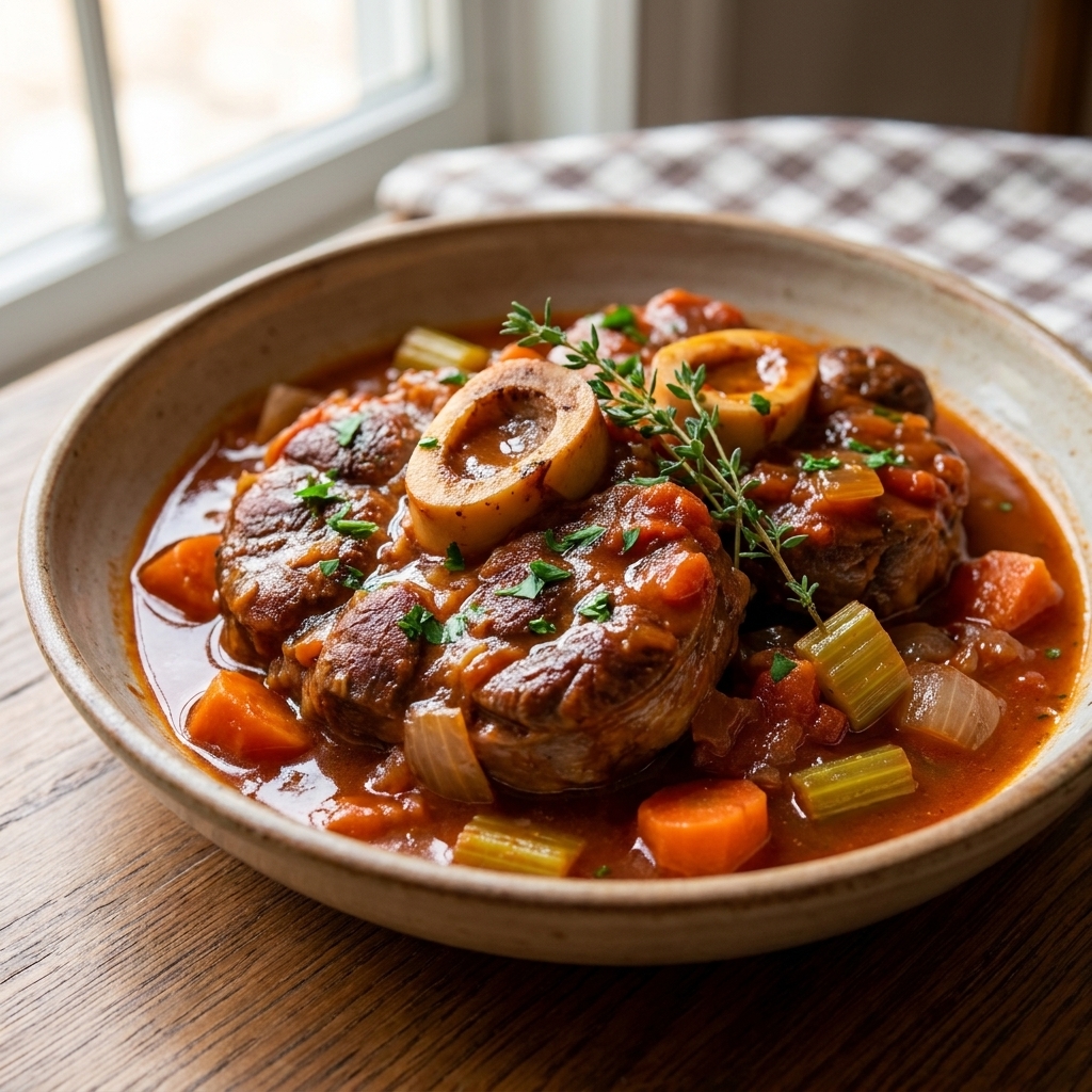 Braised veal shanks with vegetables in a light tomato-wine sauce in a shallow serving dish