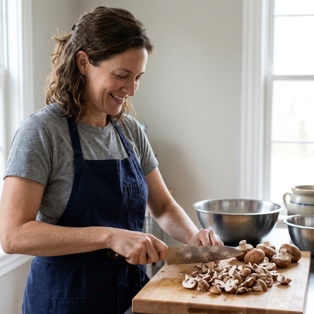 Chopped cremini mushrooms on a cutting board beside a chef's knife, ready to be cooked