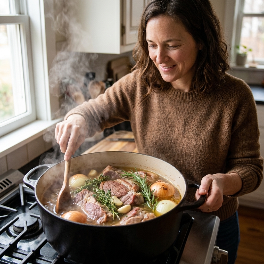 Chunks of pork shoulder simmering in a pot with onions, garlic, and herbs, with steam rising from the broth