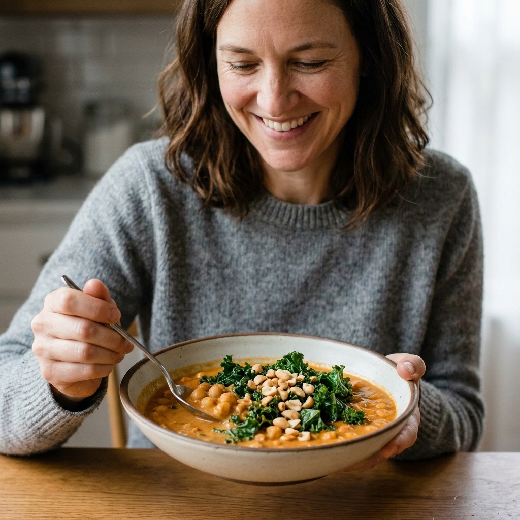 Creamy red curry chickpea stew in a wide bowl, with kale leaves and chopped peanuts on top