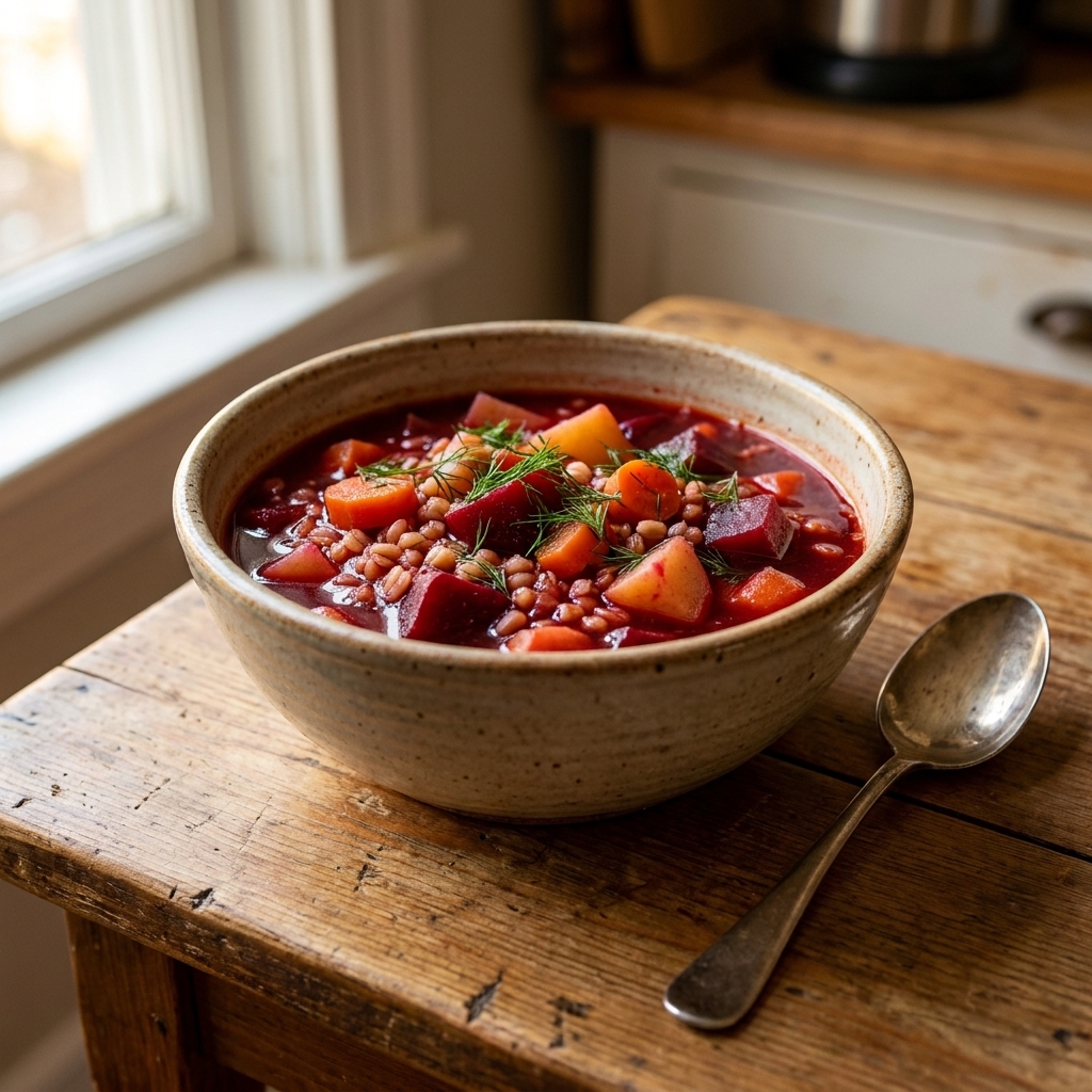 Deep red beet and barley stew in a ceramic bowl, with carrots and herbs visible and a spoon resting beside it