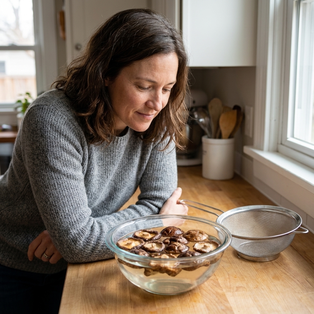 Dried shiitake mushrooms soaking in a glass bowl of warm water on a kitchen counter, with a fine mesh strainer set beside the bowl